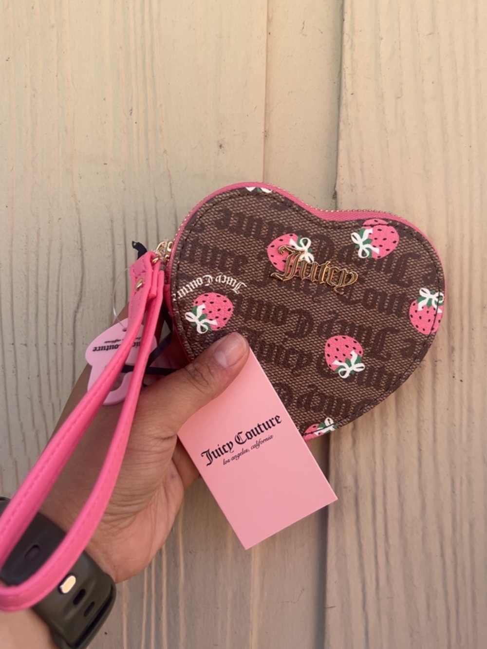 Juicy Couture Brown & Pink Heart Strawberry Wristlet Coin Purse - Picture 3 of 3